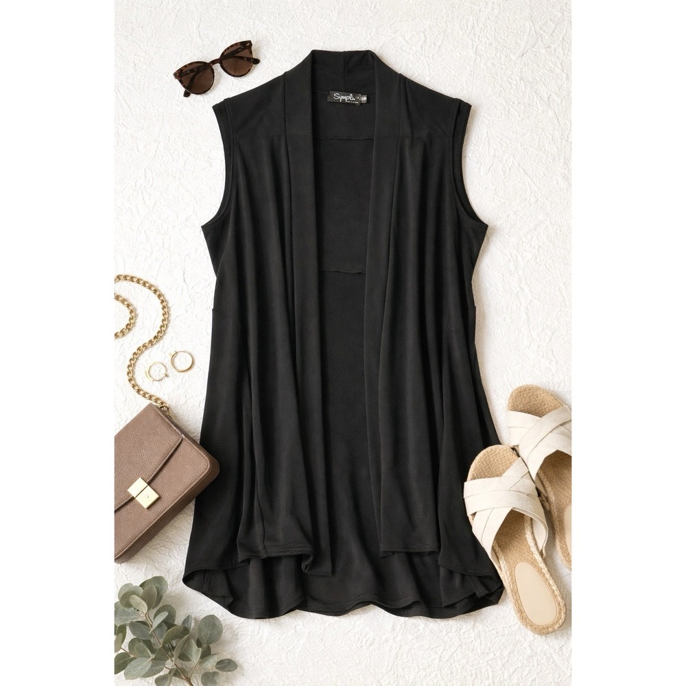 Sympli Sleeveless Open Cardigan Draped Lagenlook Stretchy Basic Minimalist Sz 10